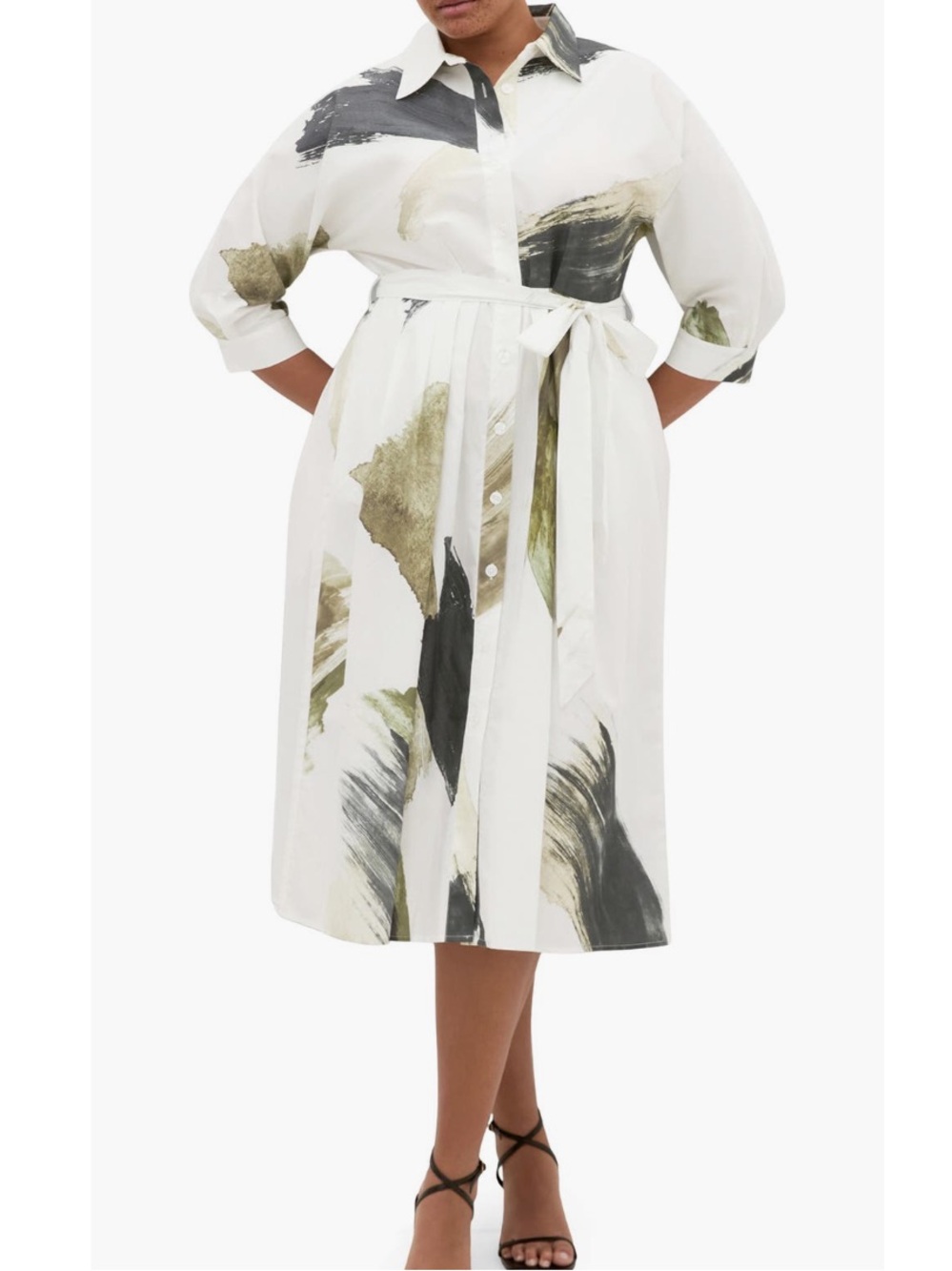 City Chic White Shirt Dress with Olive and Charcoal Brushstroke Print